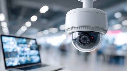 A white dome CCTV with a red indicator light is shown prominently alongside a laptop displaying a grid of multiple live surveillance feeds