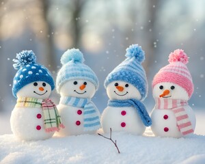 four snowmen in colorful hats and scarves winter scene  