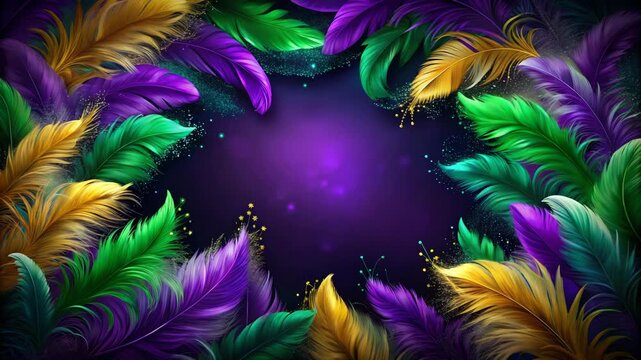 Mardi Gras feathers in purple, green and gold on dark background