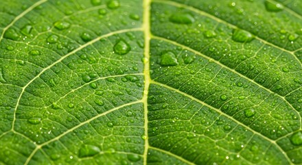 Close up of a vibrant green leaf with water droplets clinging to its surface and prominent veins visible