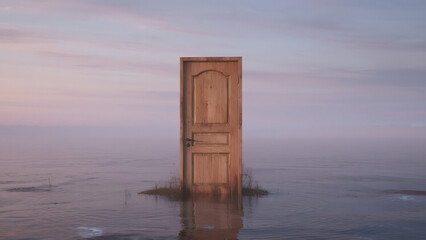 wooden door standing alone in still water