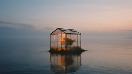 transparent greenhouse cube floating on calm ocean