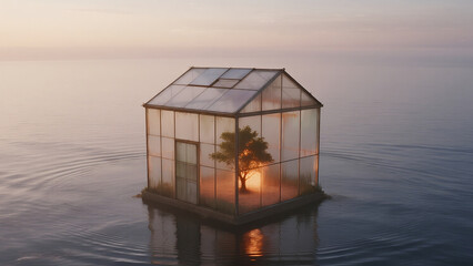 transparent greenhouse cube floating on calm ocean