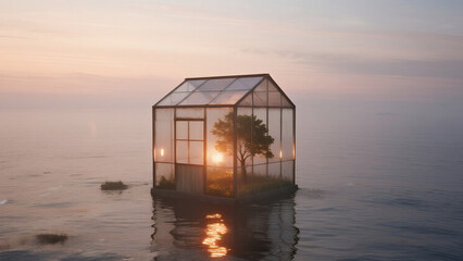 transparent greenhouse cube floating on calm ocean
