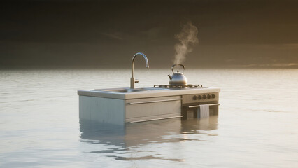 single kitchen counter floating in quiet ocean