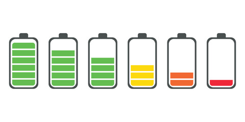 Battery Charge Level Icons Set. Full to Empty Power Indicator, Energy Status Bar Vector Illustration.