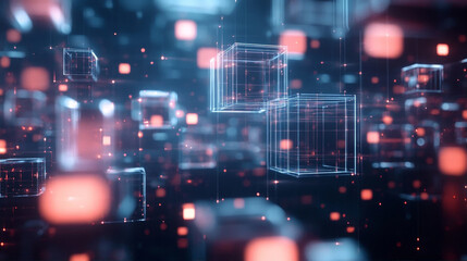 Fototapeta premium Abstract technology background with floating digital wireframe cubes and red particles