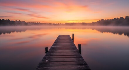 Tranquil wooden pier stretches across misty lake at sunrise