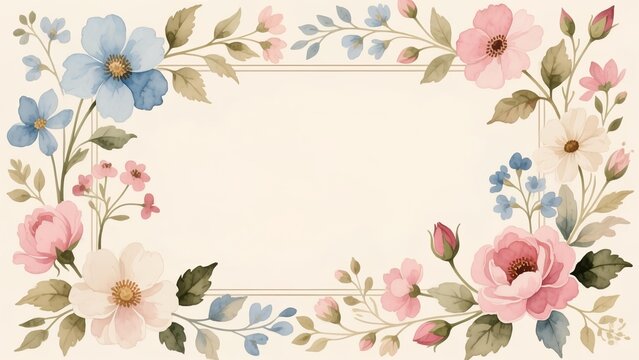 Floral wreath with pink roses and blue flowers on a soft background