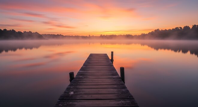 Tranquil wooden pier stretches across misty lake at sunrise