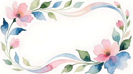 Elegant Watercolor Floral Frame with Delicate Pink Blooms and Blue-Green Leaves, a Soft Botanical Border for Spring Invitations and Design Projects