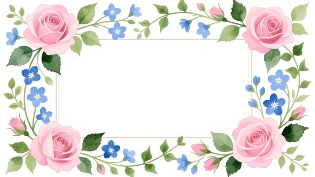 Elegant watercolor-style floral frame featuring delicate pink roses, blue blossoms, and green foliage, perfect for wedding invitations, greeting cards, or decorative design projects - Powered by Adobe