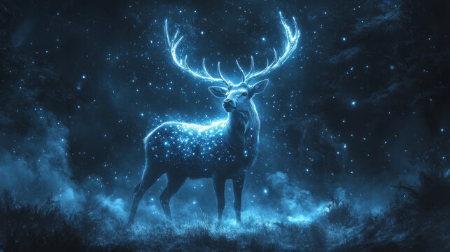 Majestic Spirit Deer Made of Stars in a Magical Forest