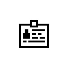 Pixel art icon of an identification badge with photo and text lines. Retro 8-bit style perfect for games, office interfaces, employee systems, or vintage design collections.