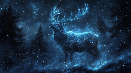 Majestic Spirit Deer Made of Stars in a Magical Forest