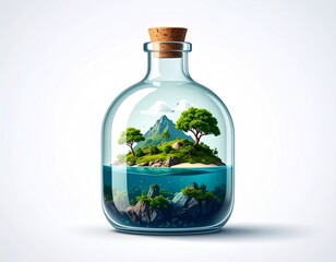Miniature island ecosystem contained within a glass bottle, showcasing a vibrant landscape and serene water