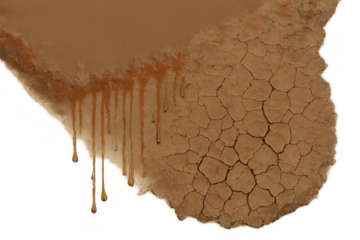 Cracked earth texture with mud drips and transparent background showing drought and environmental impact