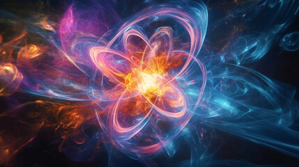 Abstract glowing atom particle with colorful energy trails and light explosion