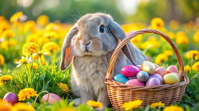 Easter bunny sitting in flower field with basket of eggs
