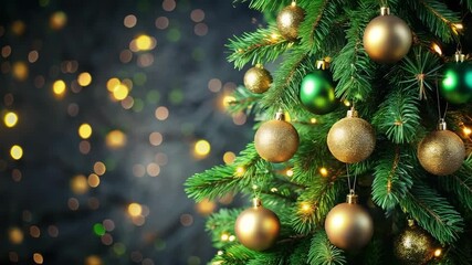 Decorated Christmas tree with green and gold baubles on dark bokeh background - Powered by Adobe