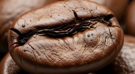 A single roasted coffee bean with water droplets in a close up macro shot showcasing its texture
