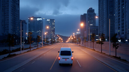 Naklejka premium A solitary white van travels along an empty urban road illuminated by streetlights and building lights during twilight with tall modern buildings on either side