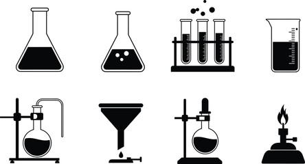 Chemical laboratory glassware silhouette set with flasks, test tubes, beaker, funnel, and burner, science experiment equipment vector illustration for research © It's Sahed