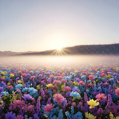 A vibrant field of colorful flowers under a soft, hazy sunrise, creating a dreamy landscape