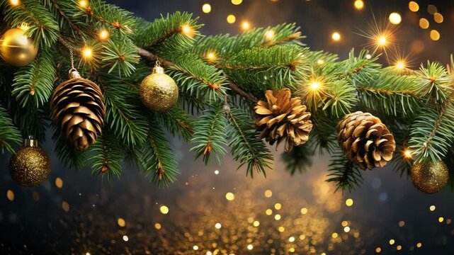 Christmas garland with golden pine cones and ornaments on dark background