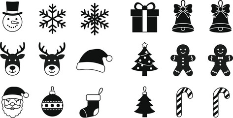 Christmas holiday icon collection, festive vector illustration set with snowman, reindeer, Santa Claus, Christmas tree, candy cane, gift box, snowflake, and bell design elements
