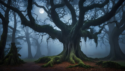 Moonlit mystical woodland glade with fog tendrils and gnarled ancient trunks