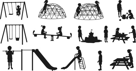 Children playing on playground equipment with swings, slides, climbing domes, seesaw, and sandbox, outdoor recreation and fun activity vector illustration © It's Sahed