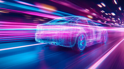 Futuristic wireframe car speeding through vibrant neon light tunnel, symbolizing digital innovation, autonomous technology, and advanced automotive engineering