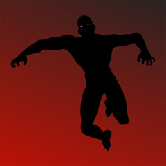 Dark horror silhouette of scary man figure on red gradient background, spooky Halloween design illustration.