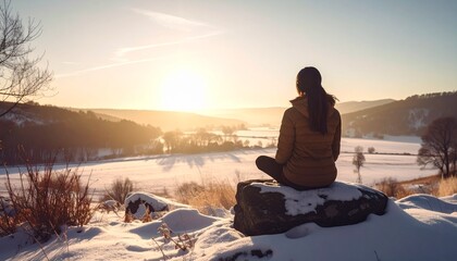 Person Meditating on Snowy Hill in Winter Light