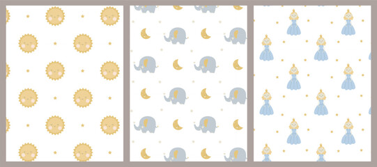 A set of cute children's patterns. Elephant, princess, sun. Perfect for children's sleepwear.