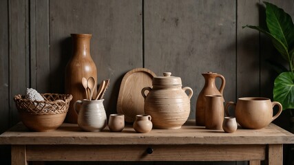 Wooden and clay authentic household kitchen items for herbals and water culture captured in a traditional setting showcasing natural materials, rustic charm, and cultural craftsmanship in daily life