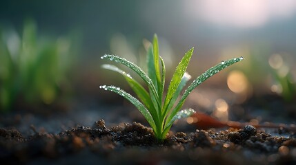 Close up ro view of a delicate young green plant sprout emerging from rich soil covered in tiny water droplets illuminated by gentle morning light and soft bokeh