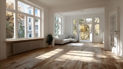 Obraz premium Newly renovated, empty apartment room with pristine white walls and light wood flooring. Sunlight streams through large windows, creating an open feel.