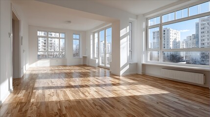 Newly renovated, empty apartment room with pristine white walls and light wood flooring. Sunlight streams through large windows, creating an open feel.
