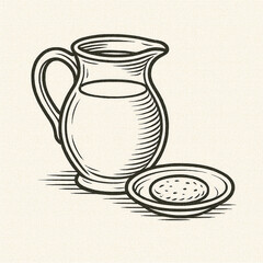 Black and white illustration of a jug with a drink and a plate of cookies — perfect for engraving, prints, and creative kitchen designs