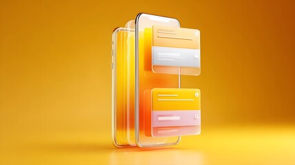 Conceptual illust n of modern digital technology showcasing layered transparent smartphone interfaces and interactive notification  rendered with a futuristic glow