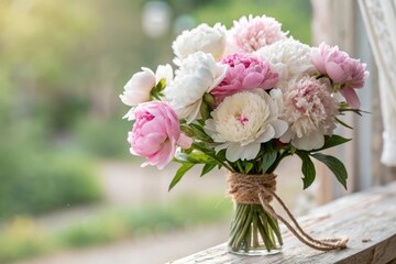 A beautiful peony bouquet in a glass vase with soft light