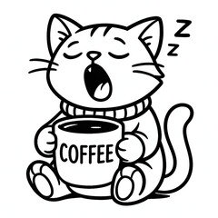 Black and white illustration of a cute sleepy kitten yawning and holding a coffee cup labeled “Coffee” — perfect for prints and cozy art