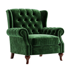Green Velvet Tufted Wingback Armchair isolated on a transparent background