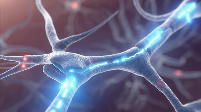 3D animated neuron cells with electric signals and synaptic transmission in brain neural network closeup medical visualization