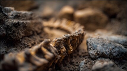 Fototapeta premium ro view of ancient fossilized bone structure unearthed from earthy terrain with diffused light