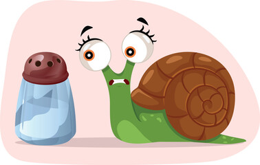 Snail Scared by a Salt Shaker Vector Cartoon Character. Concerned animal feeling frightened and stressed out about immediate danger
