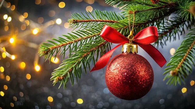 Red bauble with ribbon on pine branch and lights background