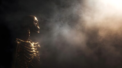 A golden skeleton emerges from dramatic smoke illuminated by a warm spotlight in a dark atmospheric setting